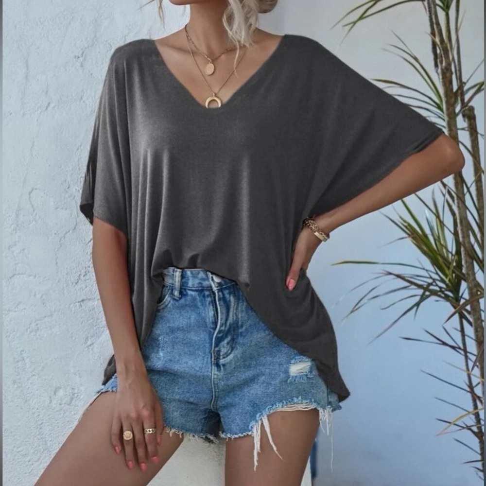 Boho oversized v neck short sleeve tee